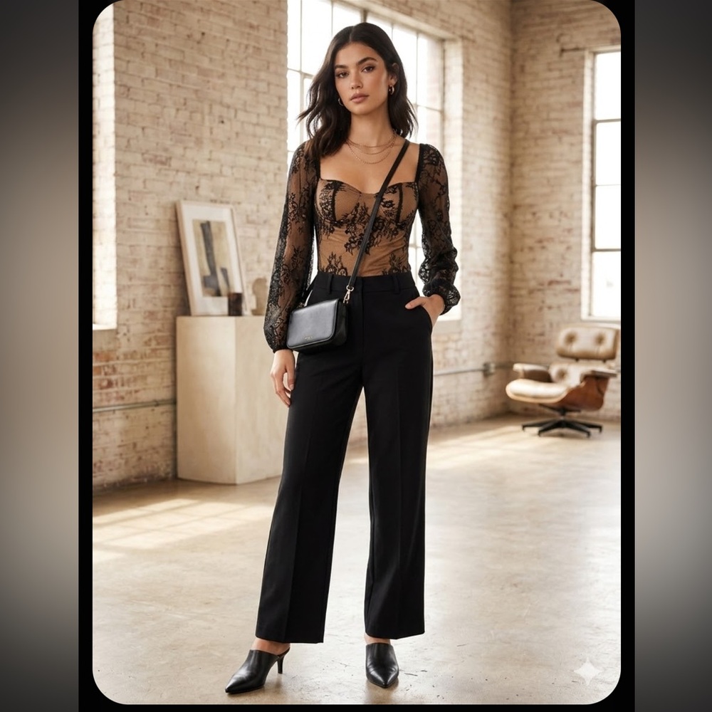 Black Lace Corset Style Crop Top Sheer Sleeves Sweetheart Neck.